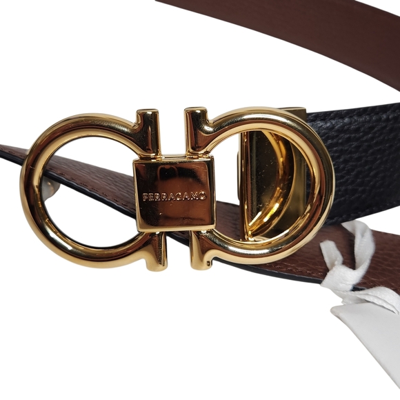 Ferragamo Double Gancini Reversible Leather Black Brown Belt w/ Gold Buckle NEW - Picture 5 of 11